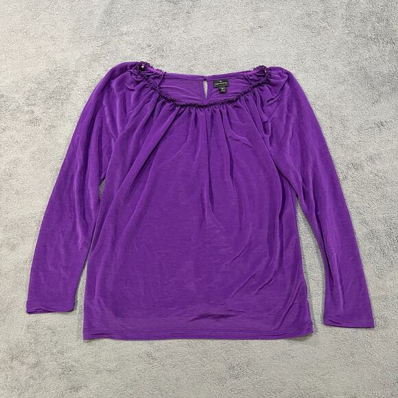 Worthington Purple Pullover Ruffled Neck Long Sleeve Blouse Women’s Size Medium - Picture 1 of 10